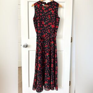 Vintage Talbots Cherry Print Black Red Belted Sleeveless Midi Dress Size 8